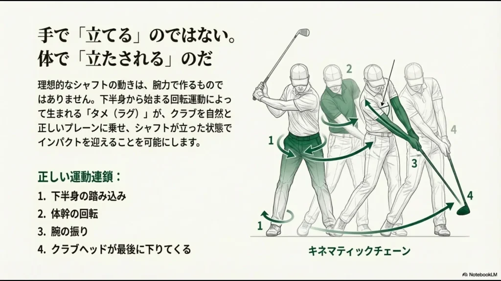 下半身の踏み込みから体幹、腕、ヘッドへと力が伝わるゴルフの正しいキネマティックチェーンの図解