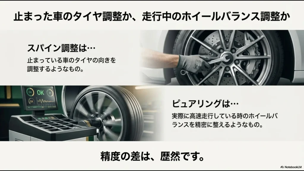 止まったタイヤの調整（スパイン調整）と走行中のホイールバランス調整（ピュアリング）の比較イメージ