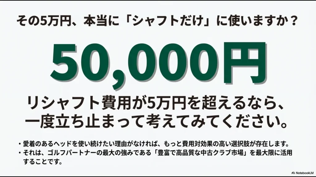 リシャフト費用が5万円を超える場合の検討ポイントに関するスライド