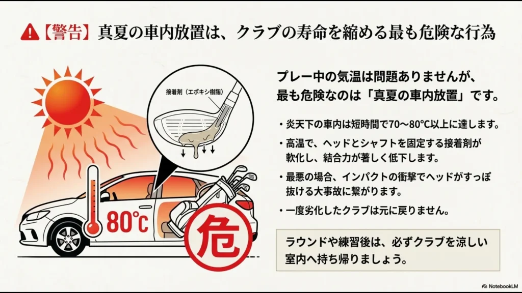 炎天下の車内温度が80度に達し、クラブの接着剤が軟化・劣化してヘッドが抜ける事故の危険性を示すイラスト