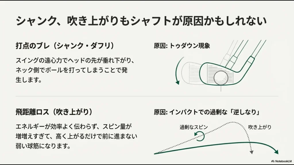 シャフトの柔らかさが招くヘッドの垂れ下がりと、過剰なバックスピンによる吹き上がりの解説