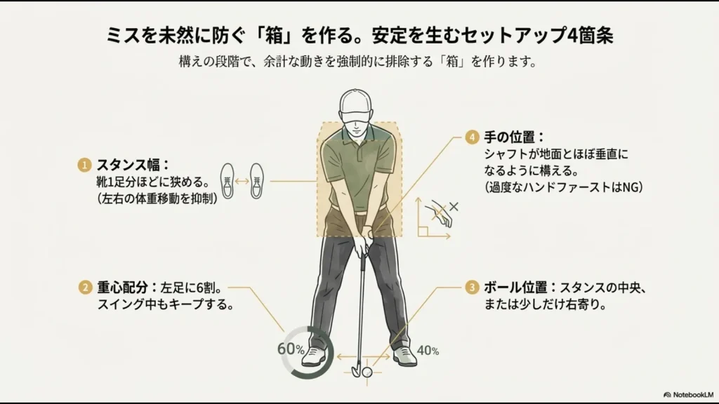 スタンス幅、重心、ボール位置、手の位置を示すアドレス図解