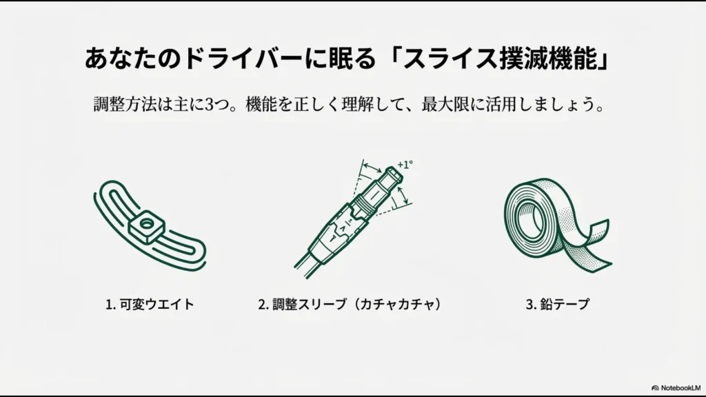 可変ウエイト、カチャカチャ（スリーブ）、鉛テープというドライバーの3大調整機能の概要
