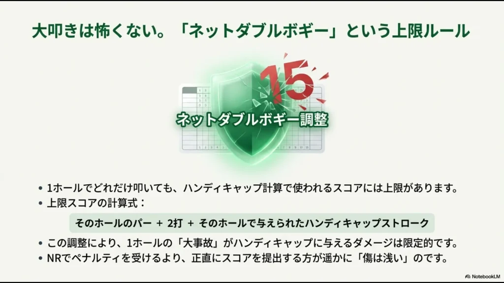 大叩きしてもハンディキャップへのダメージを限定的にする「ネットダブルボギー調整」の計算式とメリットの解説