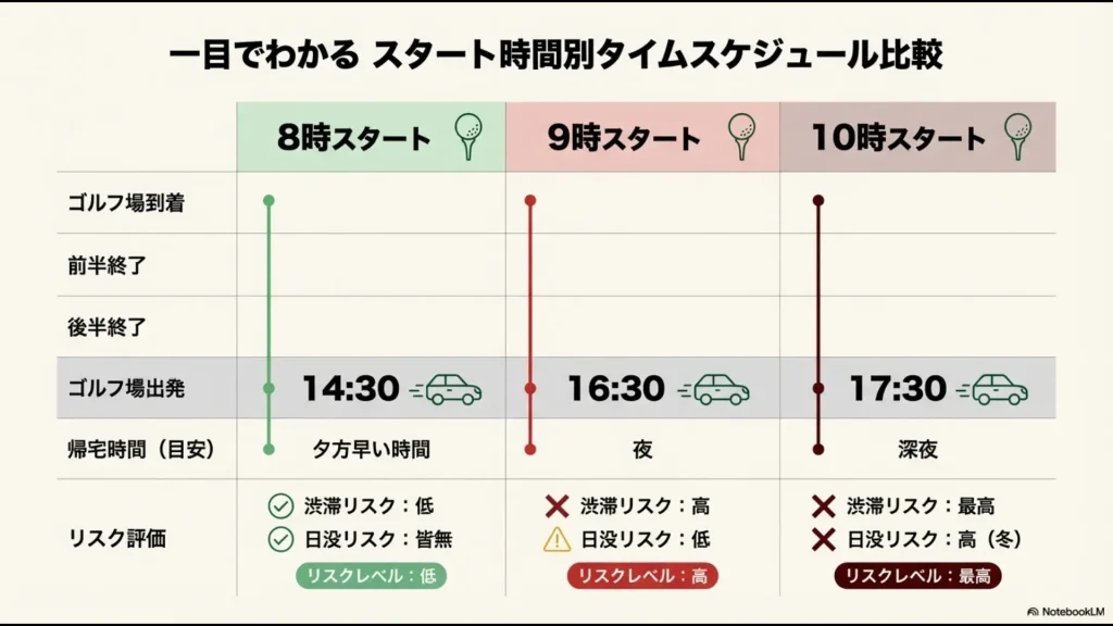 8時、9時、10時それぞれのスタート時間に対するゴルフ場出発時間、帰宅目安、リスク評価をまとめた比較表