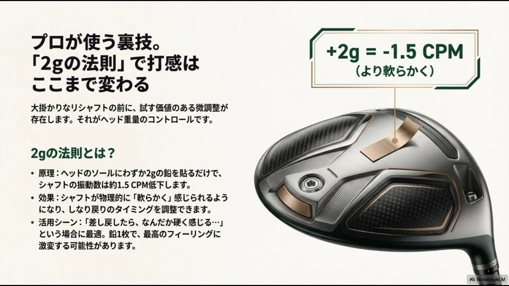 ヘッドに2gの鉛を貼ることで振動数を1.5CPM低下させ、打感をマイルドにする仕組みを説明するスライド