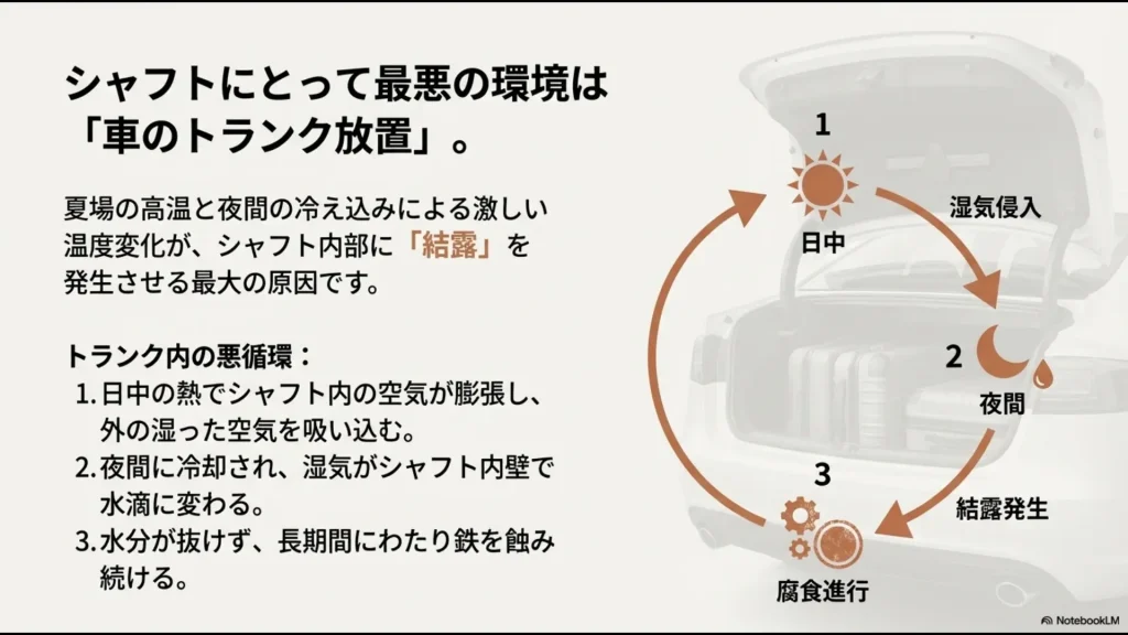 車のトランク内での温度変化がシャフト内部に結露と腐食を招くサイクルの図