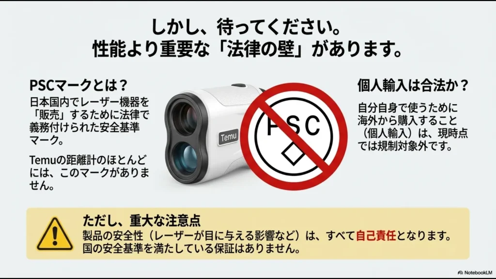 日本国内の安全基準であるPSCマークの説明と、Temu製品にはマークがないこと、安全性が自己責任であることを示す画像。