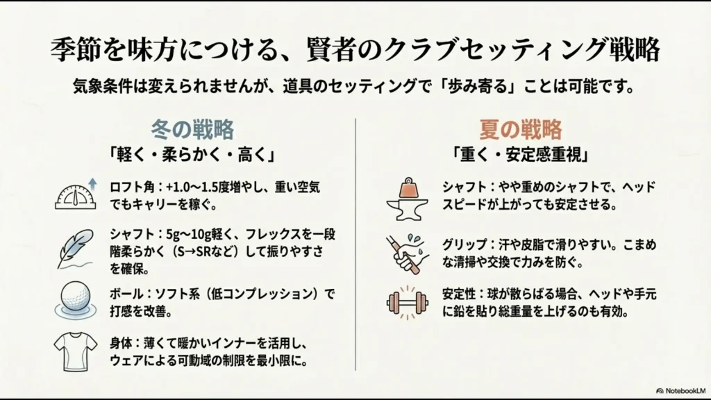 冬は軽く・柔らかく・高く、夏は重く・安定感重視とする季節ごとのゴルフギア調整まとめ