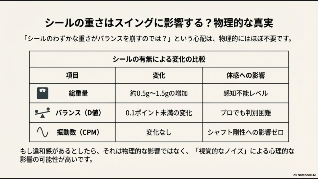 総重量、バランス、振動数において、シールの有無が体感に与える影響はほぼ皆無であることを示す比較表