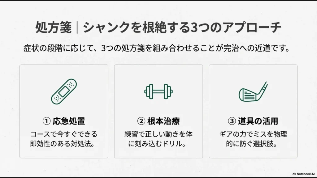 応急処置、根本治療、道具の活用の3つのアプローチを組み合わせたシャンク克服法