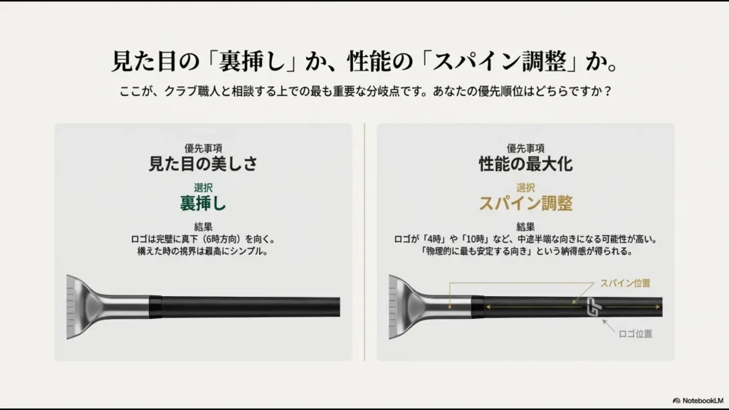 完璧な6時方向を向く裏挿しと、ロゴがズレる可能性があるスパイン調整のどちらを選ぶかの比較図