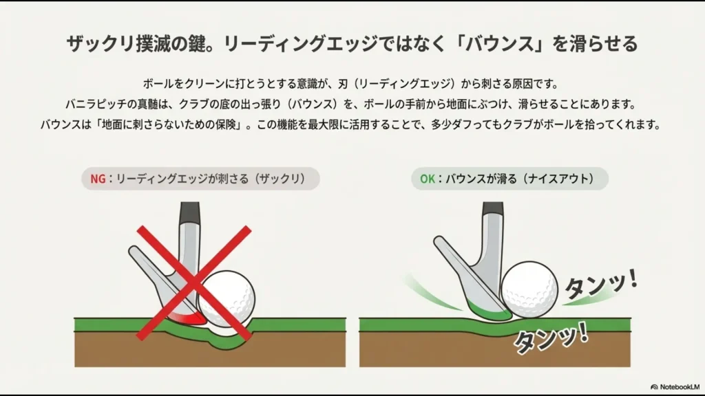 リーディングエッジが刺さるNG例とバウンスが滑るOK例の比較