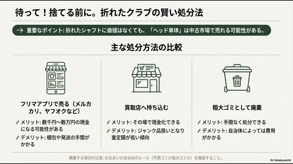 折れたシャフトは廃棄せず、ヘッド単体をフリマアプリや買取店で売却するメリット・デメリットの比較スライド