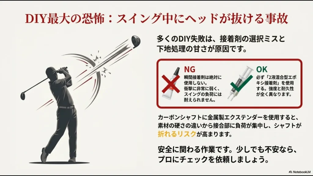 DIYでのシャフト接着不良による事故のリスク