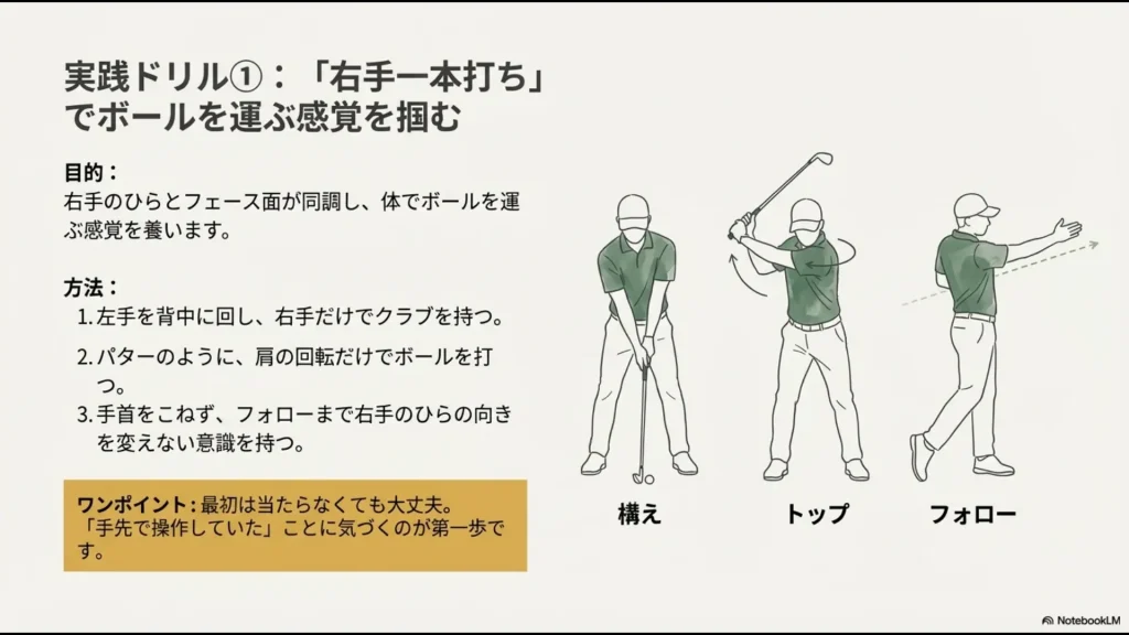 左手を背中に回し右手だけで肩の回転で打つドリルのイラスト