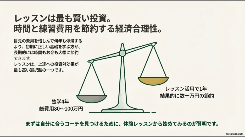 独学4年の総費用80〜100万円に対し、レッスン活用で1年に短縮した場合の数十万円の節約効果を示す天秤のイラスト。