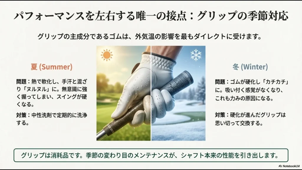 夏のヌルヌル対策（洗浄）と冬のカチカチ対策（交換）をまとめたグリップのコンディション管理法