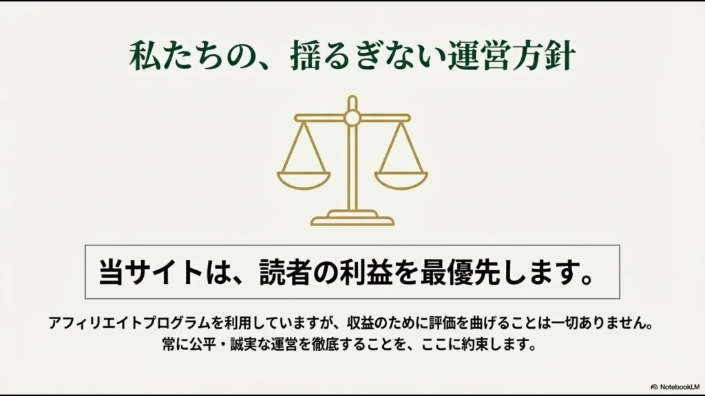アフィリエイト収益よりも公平・誠実な評価を徹底する宣