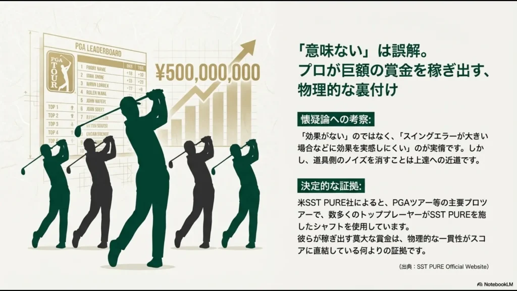 PGAツアーのリーダーボードとプロが信頼する物理的根拠を示すスライド資料