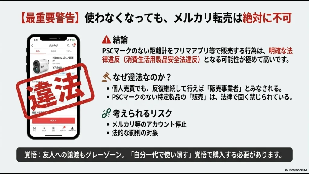 メルカリ等でPSCマークのないゴルフ距離計を転売することが違法（消費生活用製品安全法違反）であることを示す警告画像。
