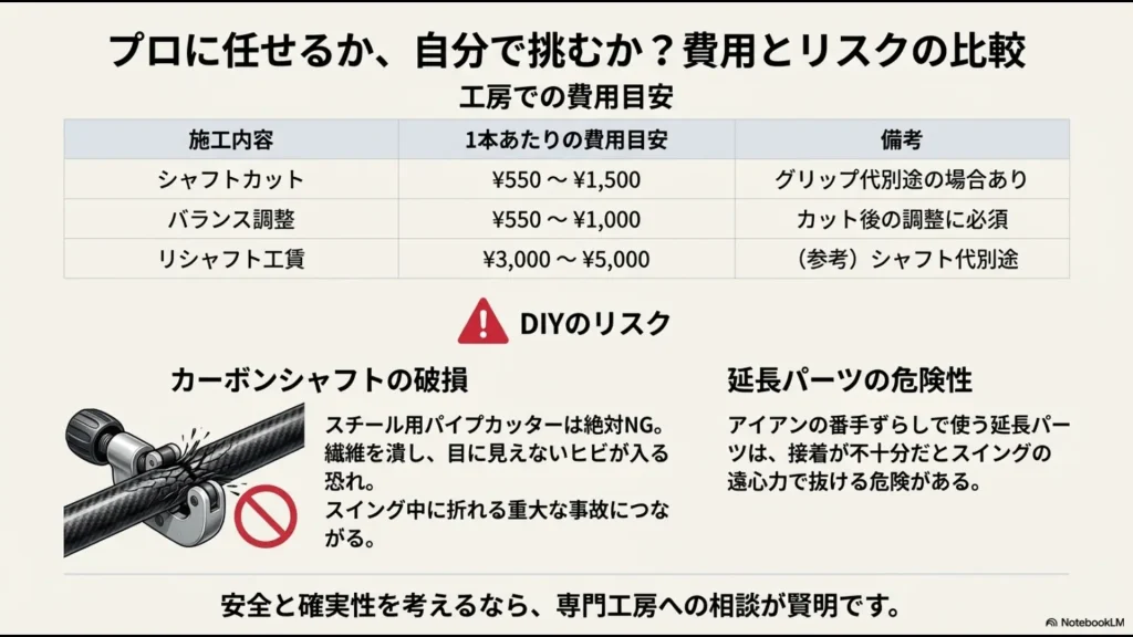 シャフト加工の工賃目安表と、DIYでカーボンシャフトを破損させるリスクの警告。