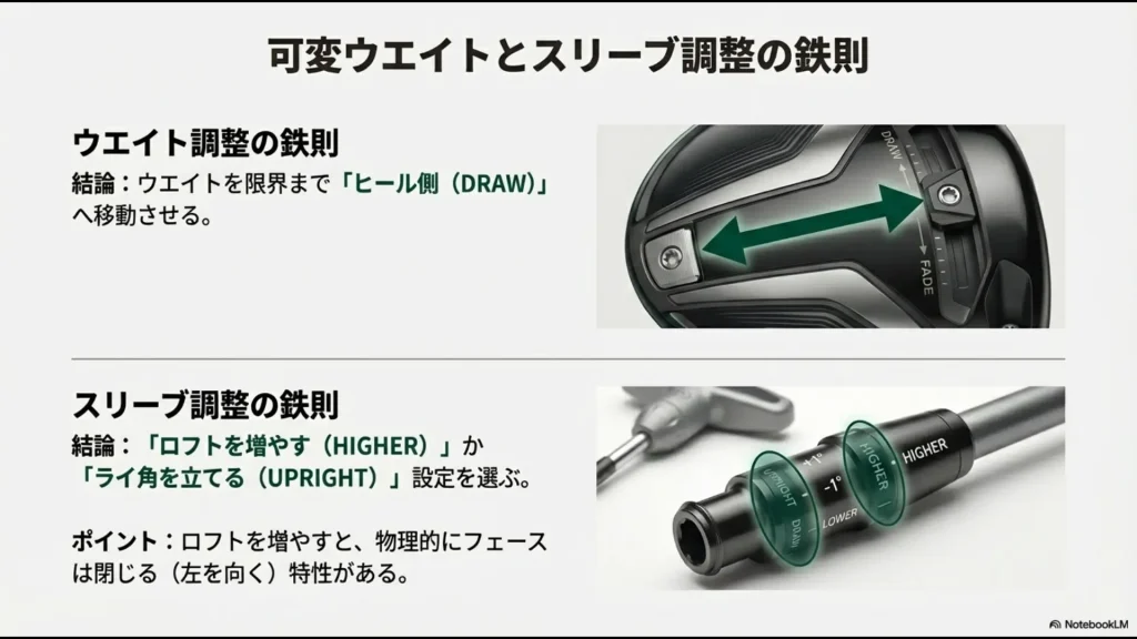 スライスを防ぐためのウエイト配置と、ロフト・ライ角設定の優先順位