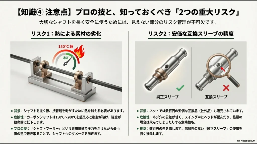 150度以上の熱による素材劣化と、安価な非純正スリーブの危険性を警告するスライド