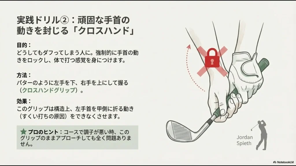 左手を下にする握り方で手首の余計な動きを封じる解説画像