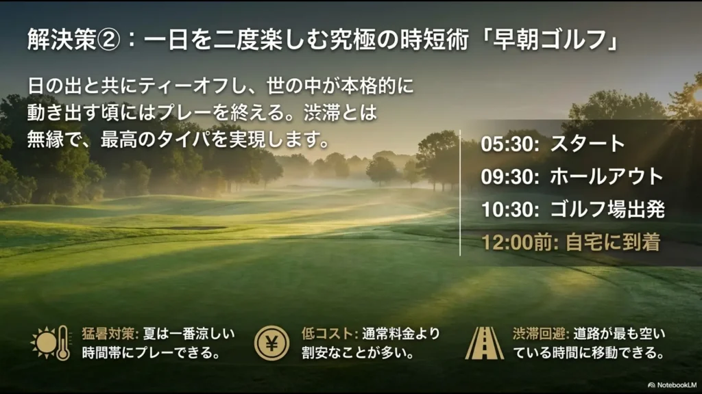 早朝5時半スタートの場合のスケジュール。10時半にゴルフ場を出発し、正午前に帰宅できる究極の時短術