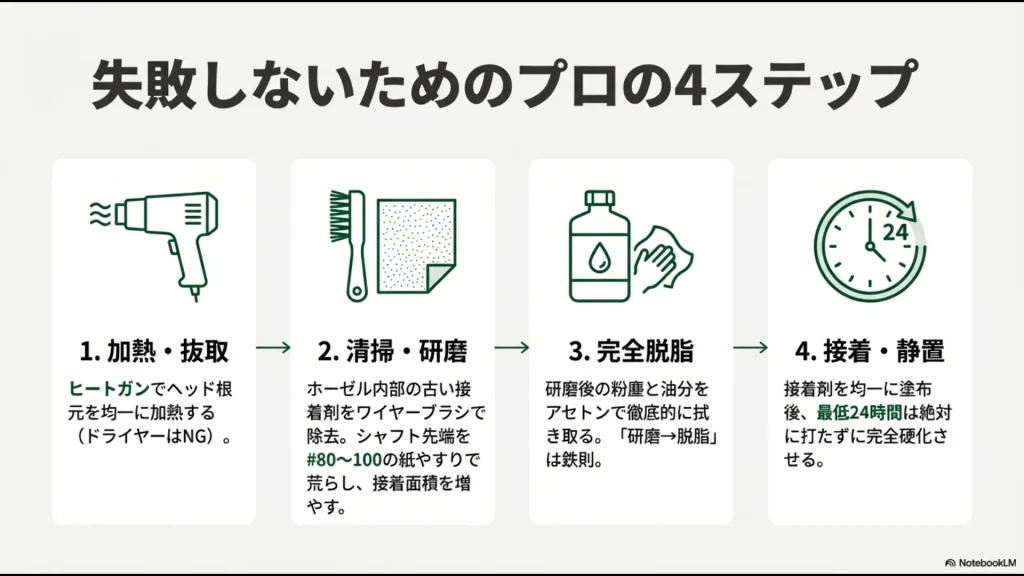 シャフト交換の手順。1.加熱・抜取、2.清掃・研磨、3.完全脱脂、4.接着・静置の4工程まとめ