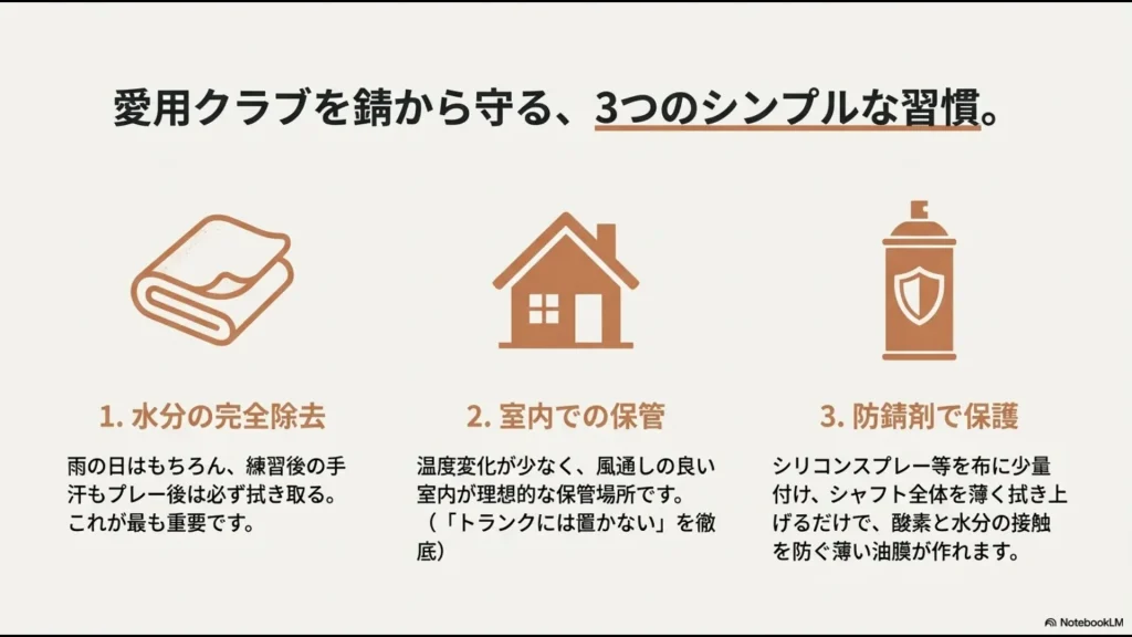水分除去・室内保管・防錆剤保護という3つのメンテナンス習慣のまとめ
