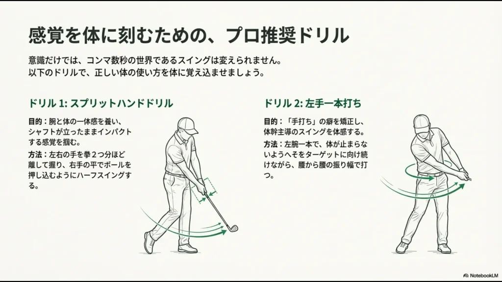 ゴルフのシャフトを立てる習得のためのスプリットハンドドリルと左手一本打ちドリルのイラスト