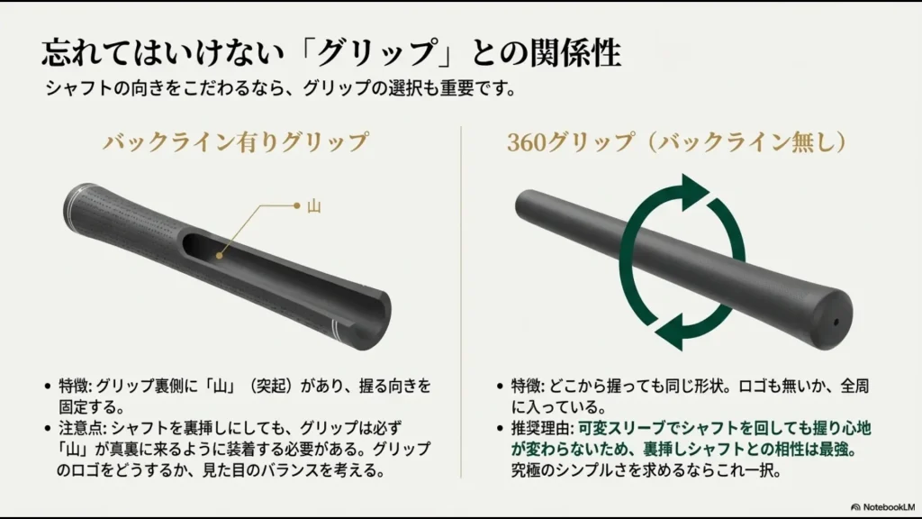 バックライン有りグリップの注意点と、裏挿し・可変スリーブと相性の良い360グリップの解説図