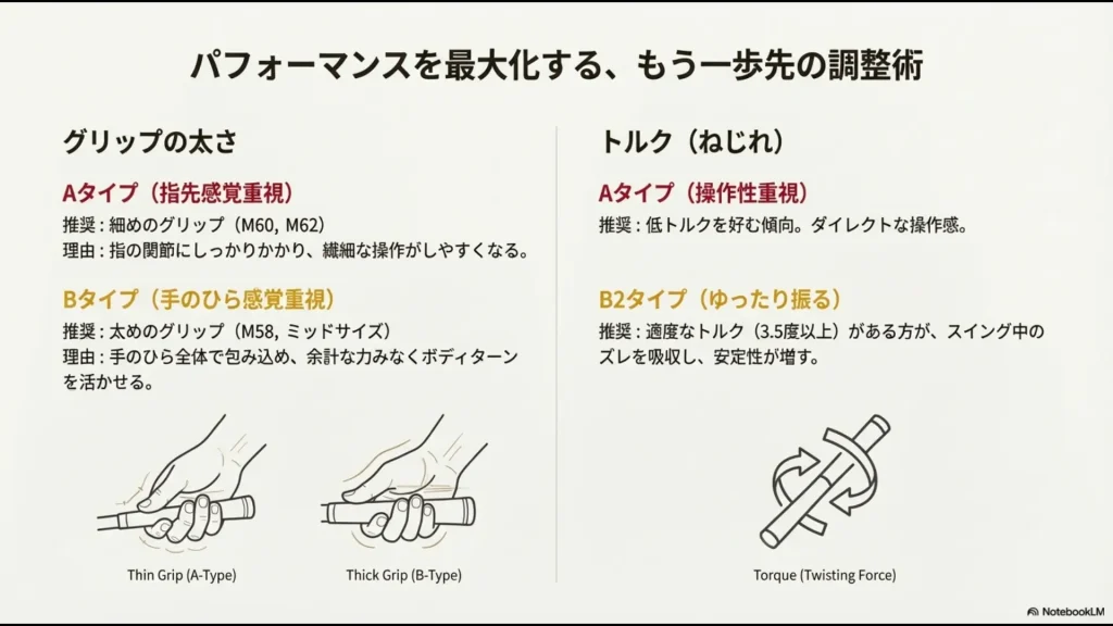 4スタンスタイプ別の推奨グリップ太さとトルクの選び方（Aタイプは細め・Bタイプは太め）