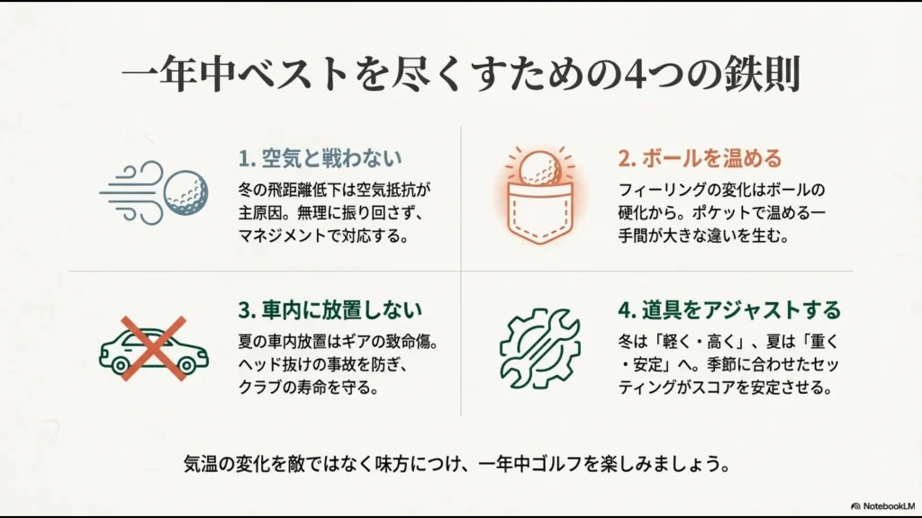空気抵抗、ボール加温、車内放置厳禁、セッティング調整の4つのポイントをまとめた最終確認スライド