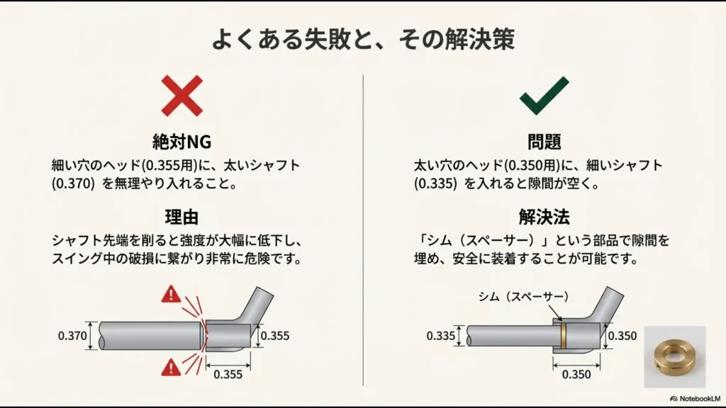 太いシャフトを無理やり削って挿入するNG例と、細いシャフトにシム（スペーサー）を使って隙間を埋める安全な解決策の図解