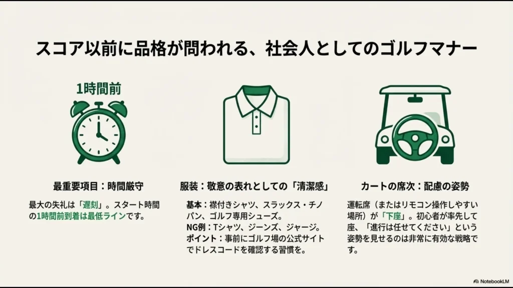 1時間前到着の徹底、襟付きシャツなどの清潔感ある服装、カートの席次における下座の意識など、社会人としてのゴルフマナー