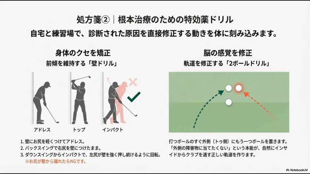 前傾を維持する壁ドリルと、スイング軌道を修正する2ボールドリルの具体的なやり方とポイント