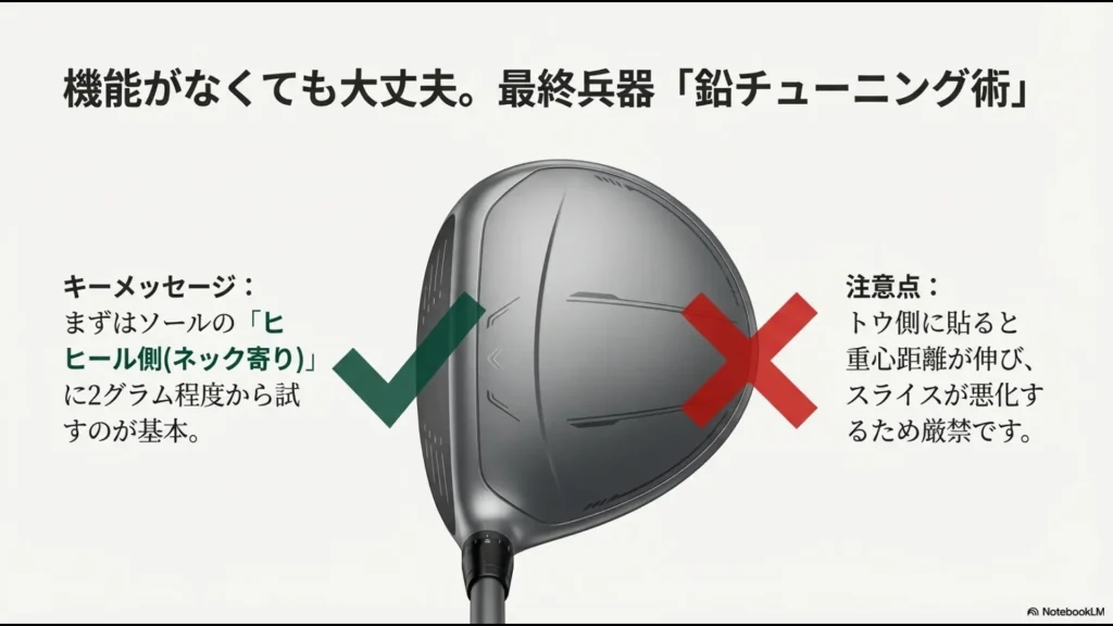 ソールのヒール寄り（ネック側）に鉛を貼ることで重心距離を短くする具体的な位置