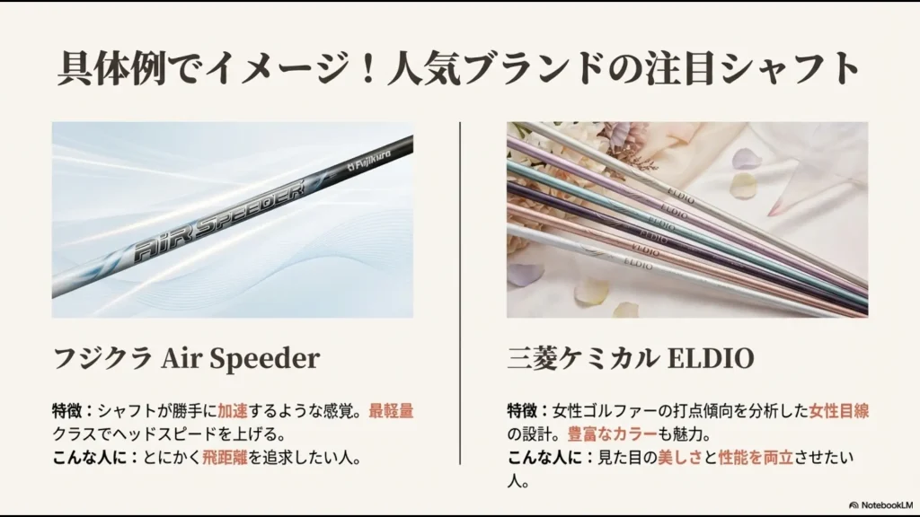 加速感が魅力のフジクラ「Air Speeder」と、女性目線の設計とカラーが豊富な三菱ケミカル「ELDIO」の特徴・ターゲットの紹介。