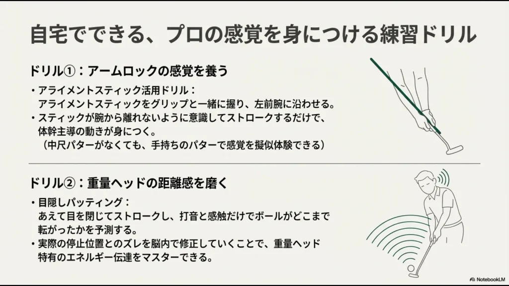 アライメントスティックを活用したアームロックの感覚養成と、目隠しパッティングによる距離感習得ドリルの解説図。