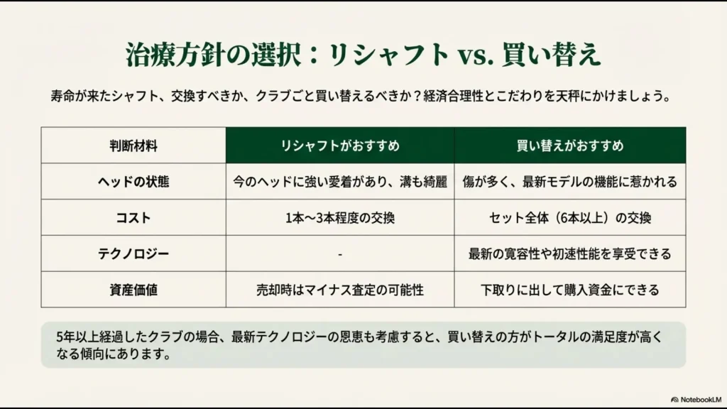 ヘッドの状態やコスト、テクノロジーの観点からリシャフトと買い替えのどちらが適しているかを示す比較表