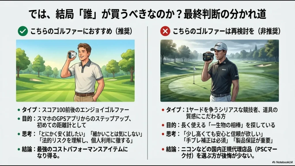 スコア100前後のエンジョイゴルファーと、1ヤードを争うシリアスな競技者のニーズを対比させた購入判断チャート。