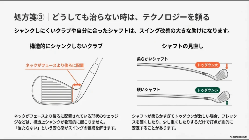 ネックがフェースより後ろにあるシャンク防止ウェッジと、シャフトの硬さによるトゥダウン量の違い