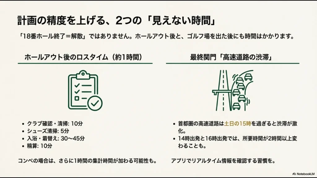 ホールアウト後にかかる約1時間の内訳（入浴、精算等）と、出発時間の違いが高速道路の所要時間に与える影響