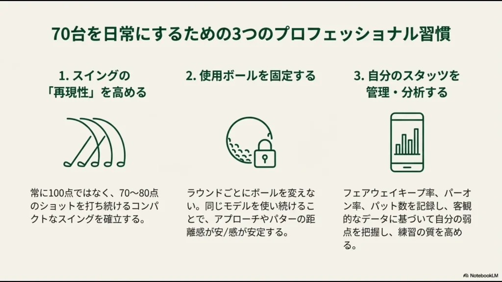 スイングの再現性、使用ボールの固定、スタッツ管理という、70台達成者が実践する3つのプロフェッショナル習慣のまとめ