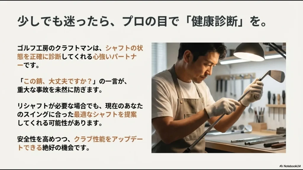 ゴルフ工房のクラフトマンがシャフトの状態を正確に診断している様子