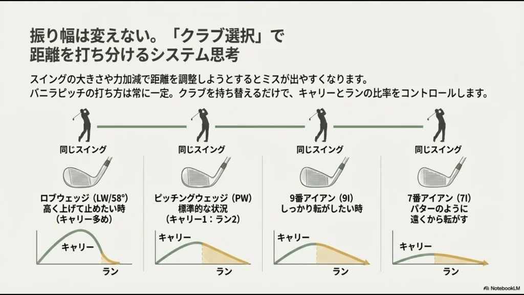 LW、PW、9I、7Iで同じスイングをした時の転がり方の違い
