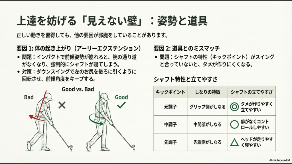 ゴルフのインパクトで体が起き上がるアーリーエクステンションの悪い例と、前傾を維持した正しい回転の比較